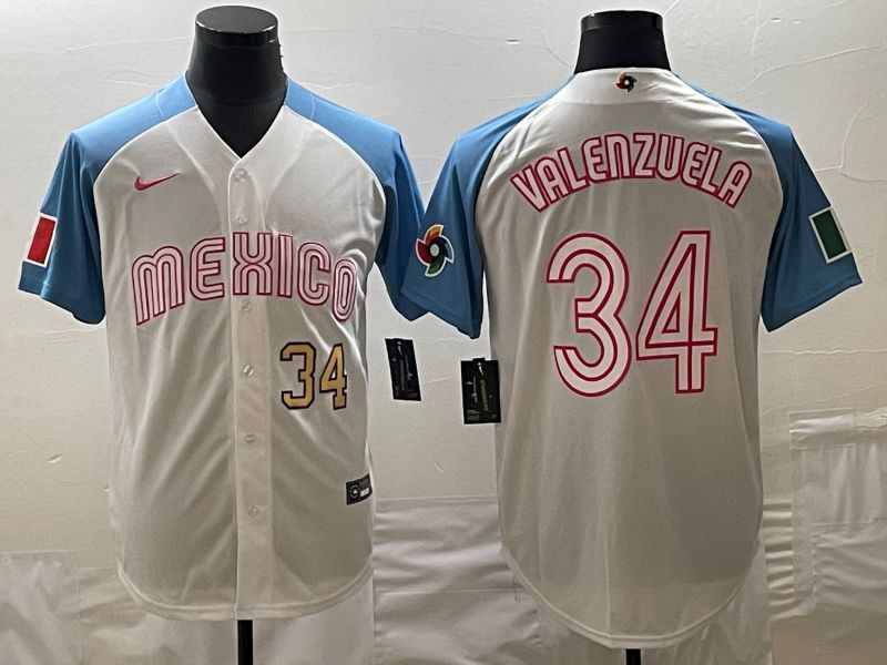 Men 2023 World Cub Mexico #34 Valenzuela White blue Nike MLB Jersey3->women mlb jersey->Women Jersey